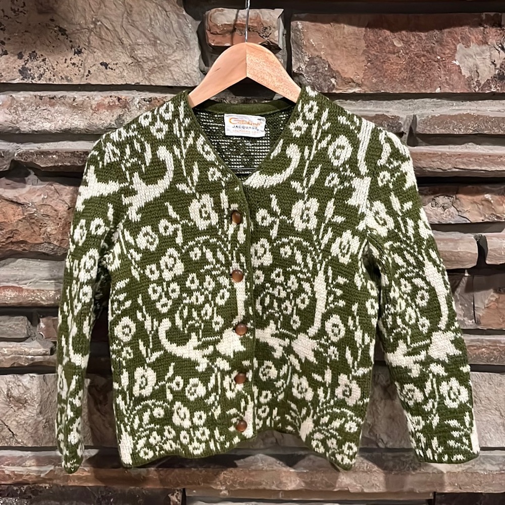Vintage Catalina Jacquard Green and Ivory Knit Wool Cardigan